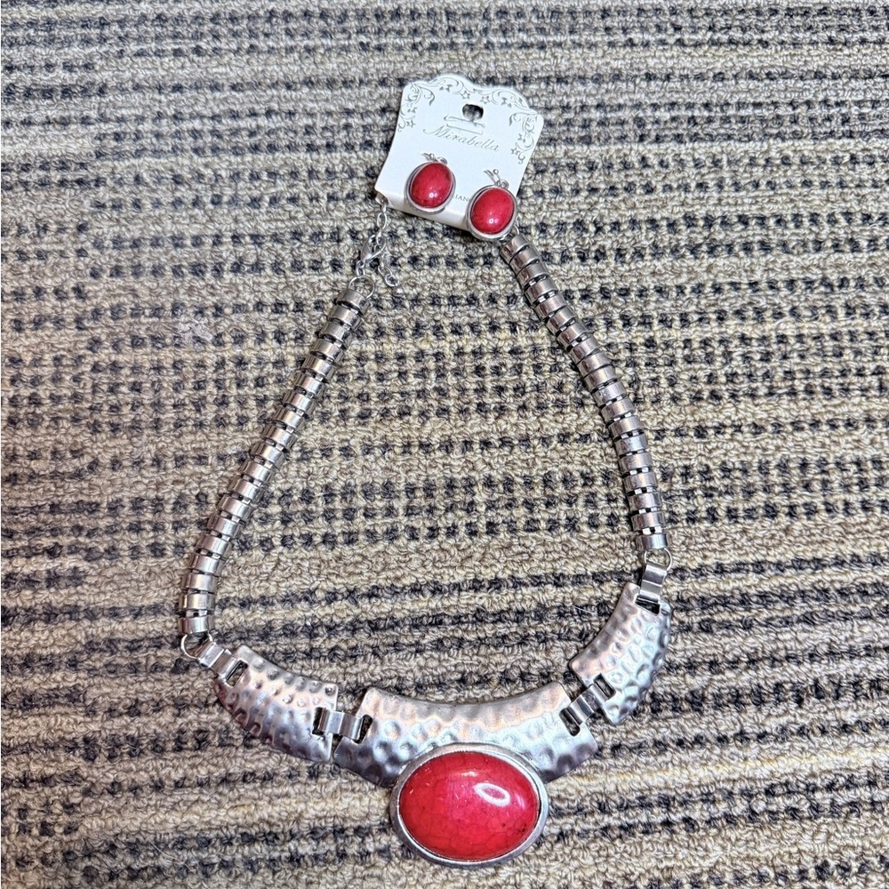 Women’s Mirabella Red Stone Silver-Tone Necklace & Earrings Set - Picture 2 of 8